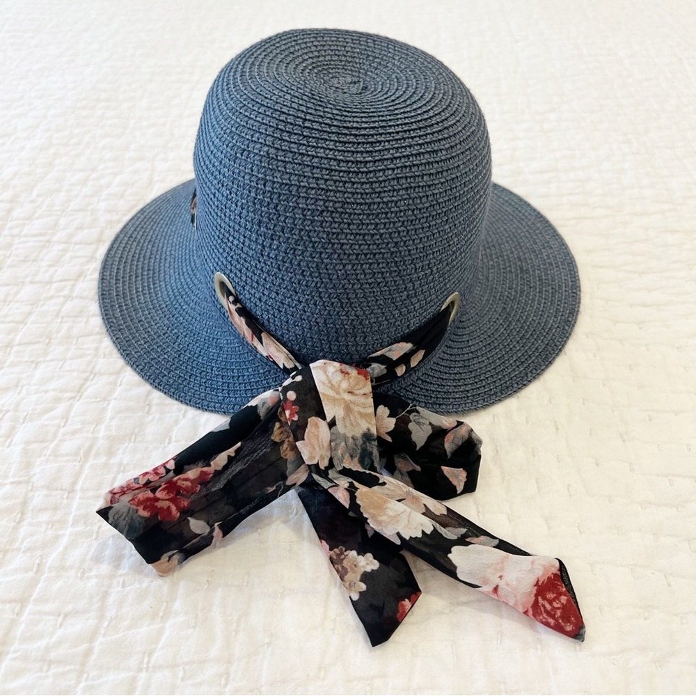 Royal Road Trading Co Hat One Size Blue Straw Floral Beach Coastal Travel Resort